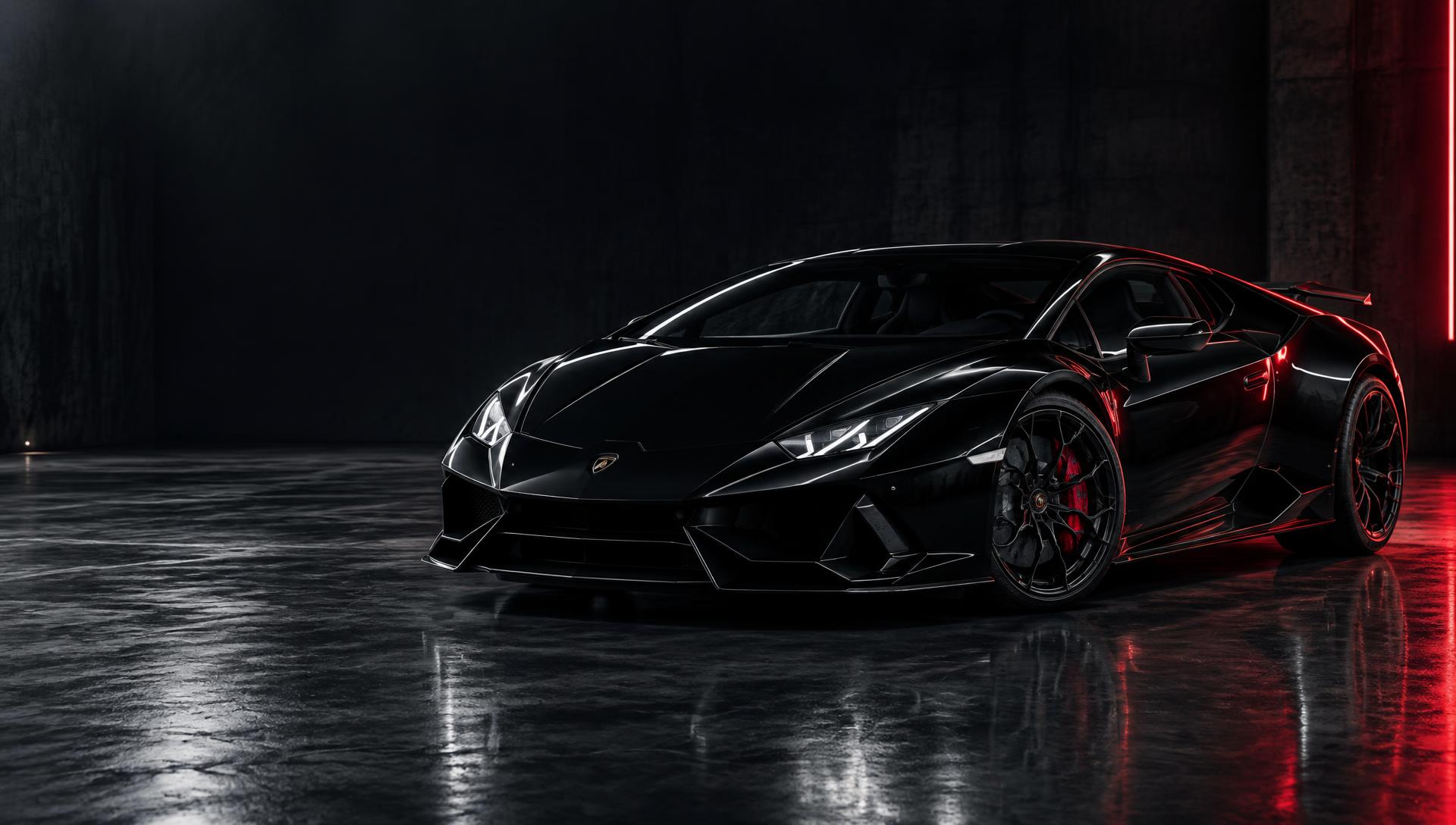 Glossy black sports car in a cinematic detailing studio